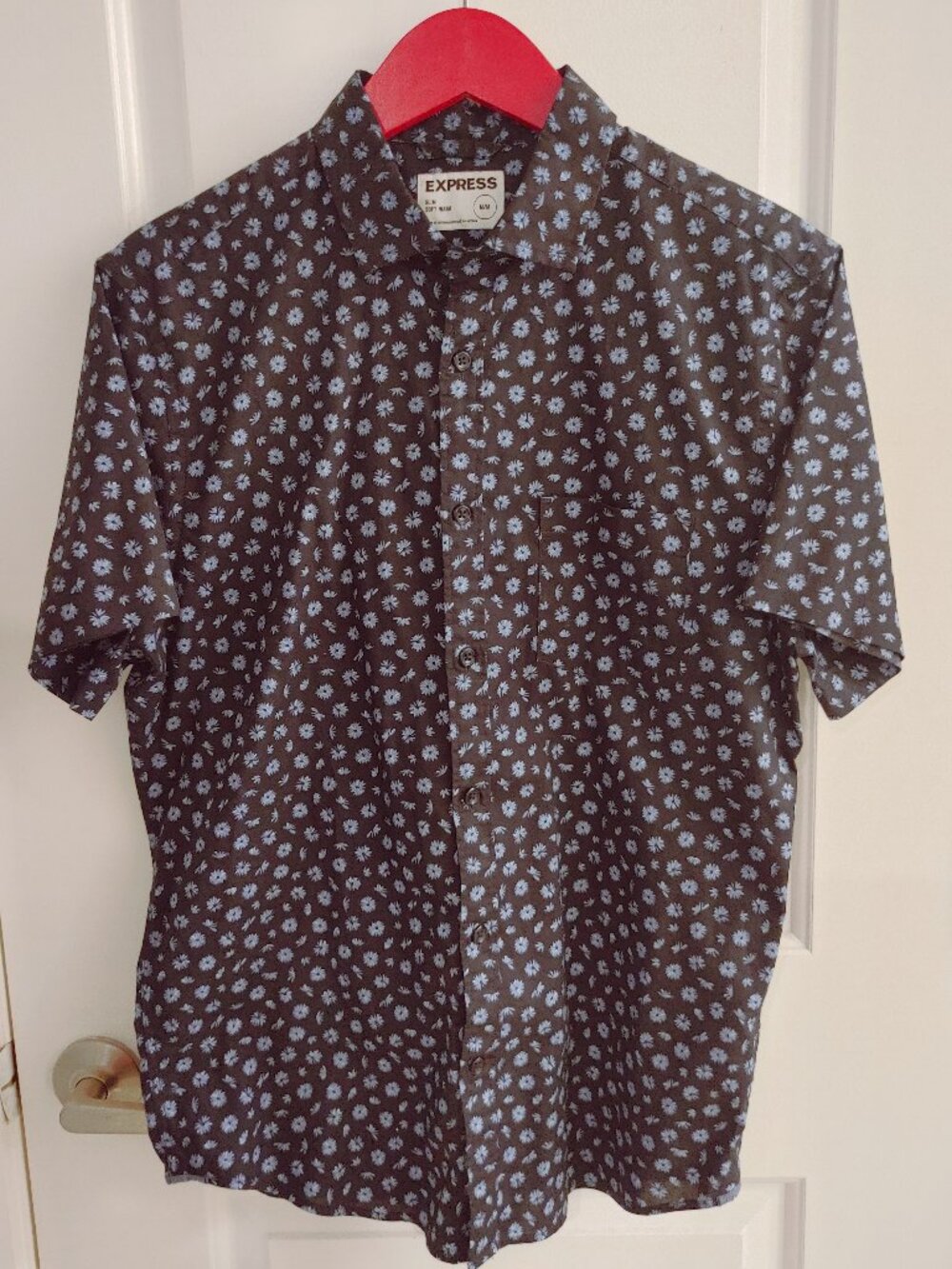 EXPRESS - Casual Navy Blue Floral Slim Fit Soft Wash Short Sleeve Shirt - Medium